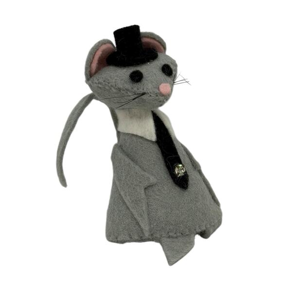 Vintage Gray Wool Felted Mouse Ornament Black Top Hat Collar Tie Handcrafted - Picture 7 of 12